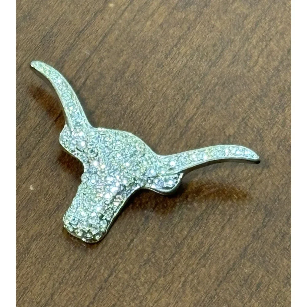 Rhinestone Longhorn Steer Head Brooch Pin Silver Tone Western Cowboy Texas Y2K